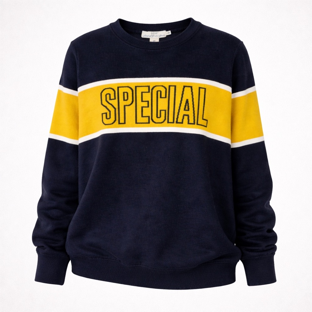 H&M L.O.G.G. Cotton Crewneck Sweater Relaxed Varsity Prep Navy